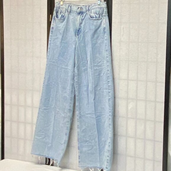 Forever 21 High Rise Gathered Yoke Stretch Faded Wide Baggy Raw Hem Jeans L Long - Picture 4 of 13